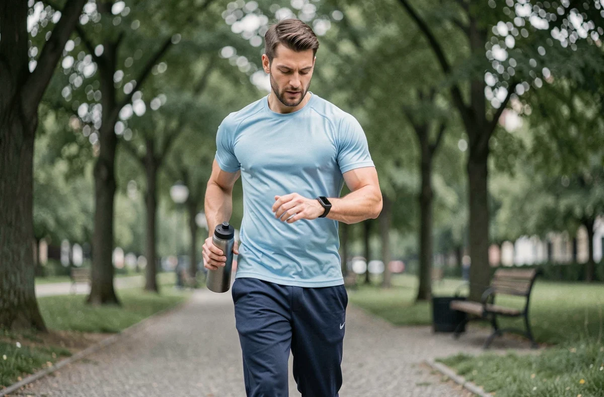 Homme sportif marchant dans un parc urbain avec une montre connectée, illustrant la prévention santé par l'activité physique