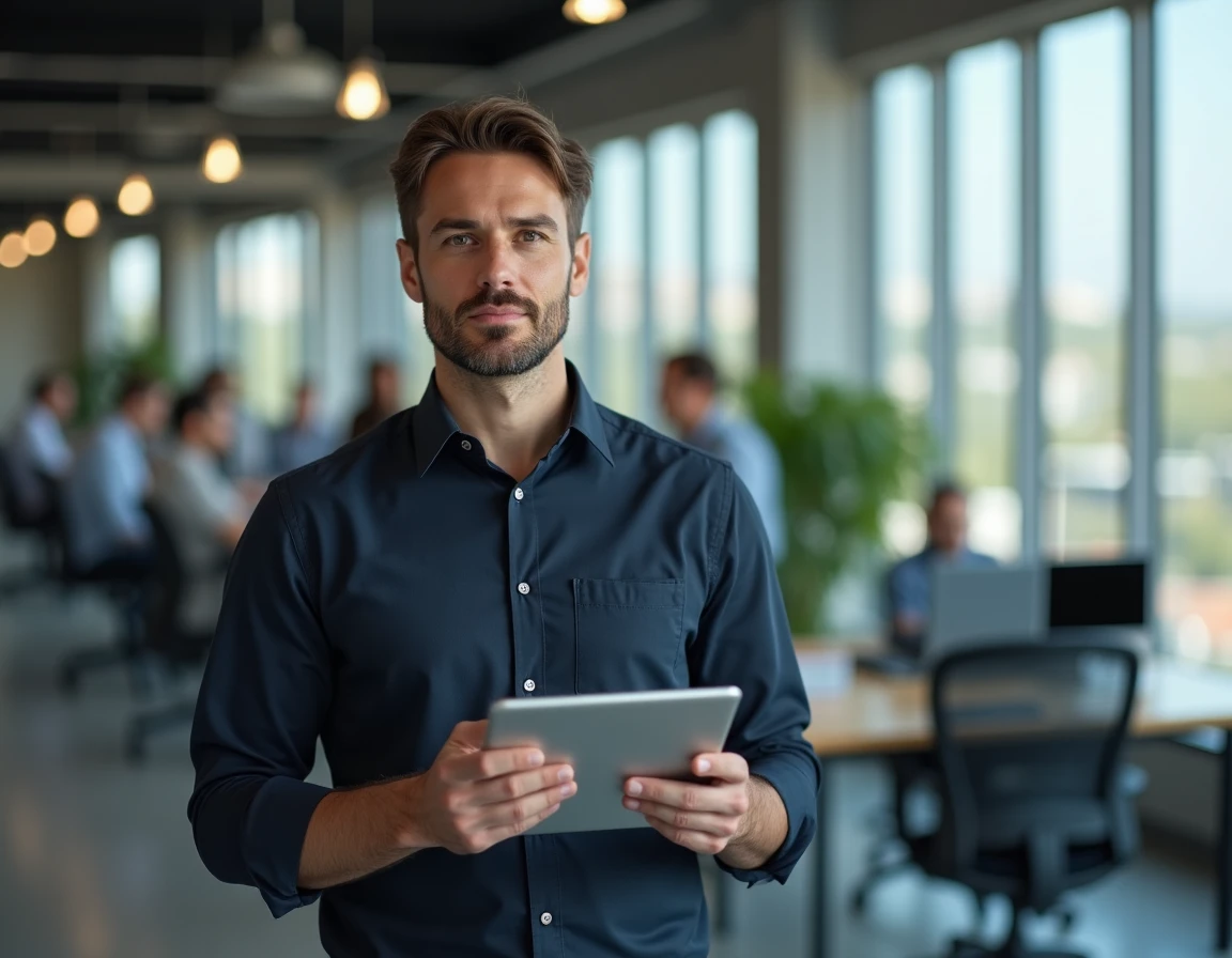 Homme consultant une annonce de décès sur tablette numérique dans un environnement de bureau moderne