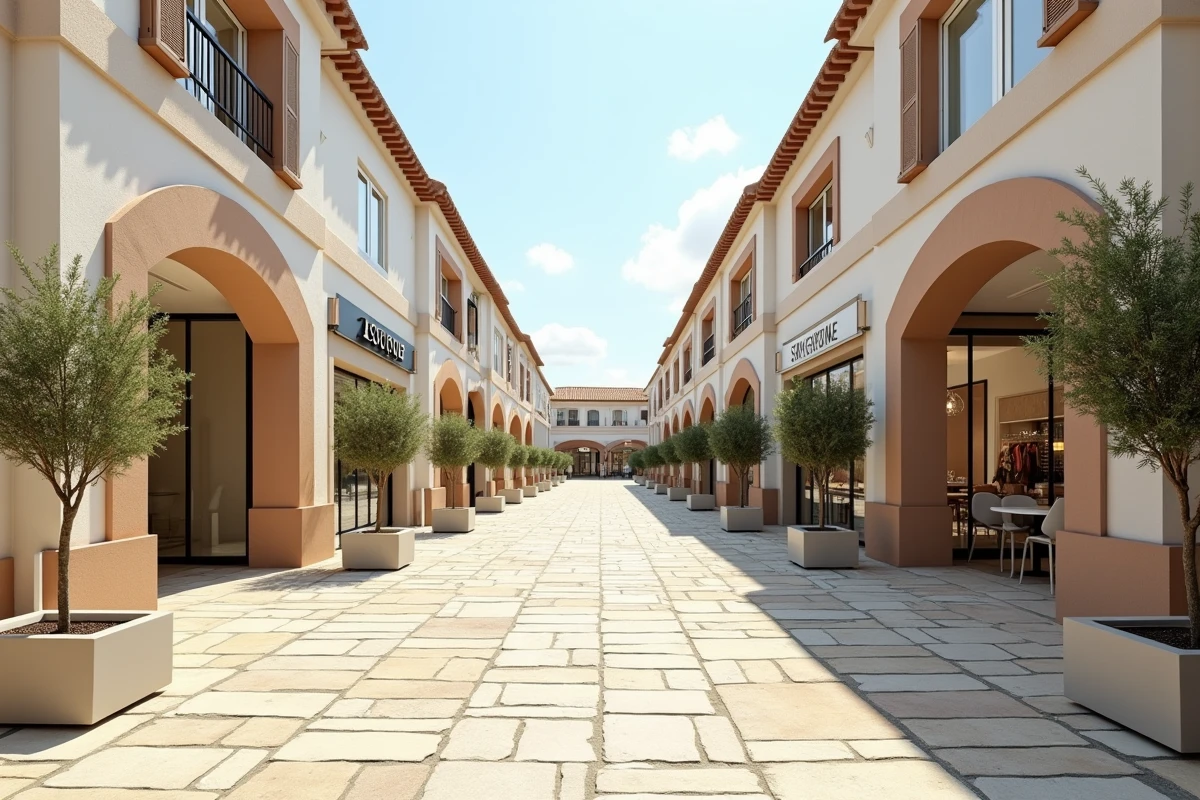 Vue architecturale de la rue principale du village des marques de Miramas avec boutiques de luxe