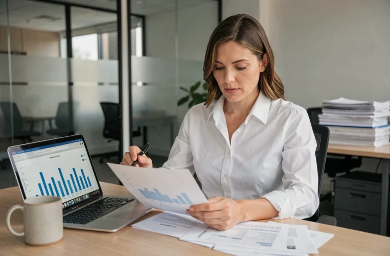 Femme d'affaires analysant des feuilles de calcul financières pour calculer la marge bénéficiaire en entreprise