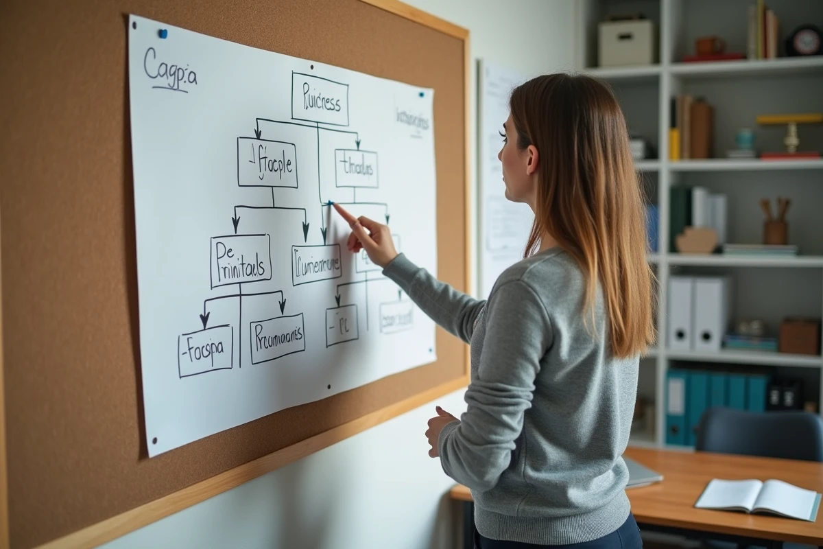 Une femme cartographiant les instances de la vie scolaire sur un tableau liège avec un organigramme détaillé avant d'ouvrir ses manuels de préparation.