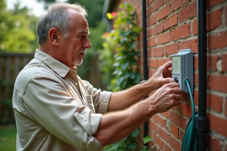 Homme changeant les piles d'un programmateur d'arrosage fixé sur un mur de jardin en briques rouges