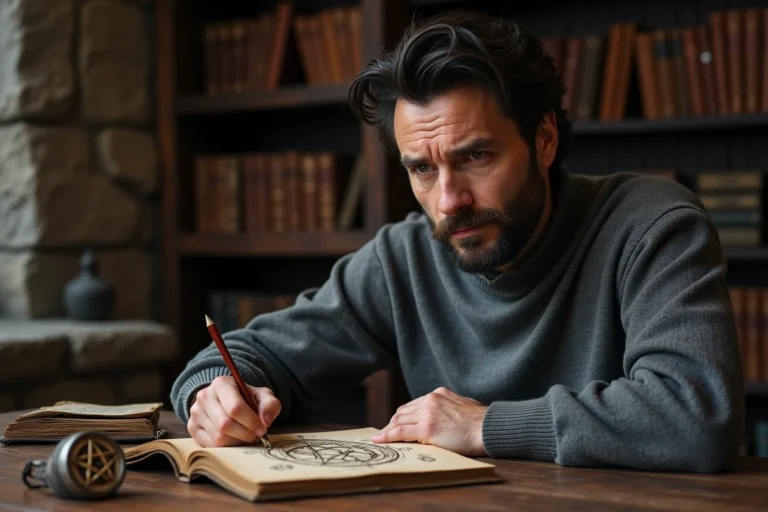 Homme méditatif lisant un livre ancien avec symbole occultiste