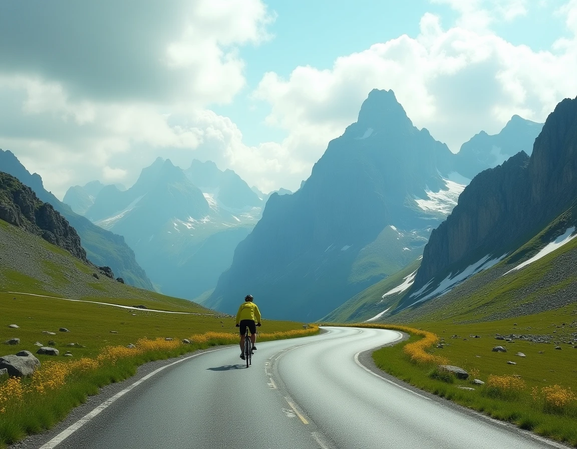 Cycliste franchissant le Col du Petit Saint-Bernard sur une route alpine sinueuse entourée de prairies et de sommets rocheux