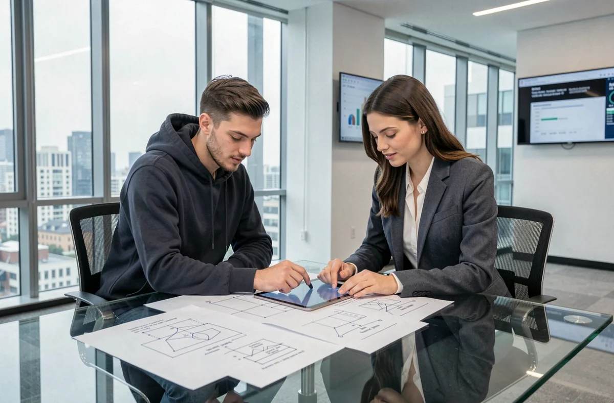 Deux jeunes professionnels collaborant sur des projets informatiques avec une tablette et des plans dans un espace de coworking moderne