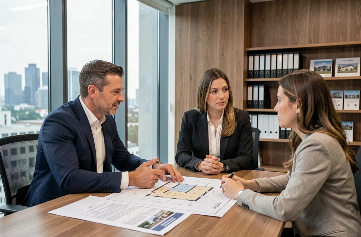 Conseiller immobilier expert présentant un plan d'investissement locatif à un couple dans un bureau moderne
