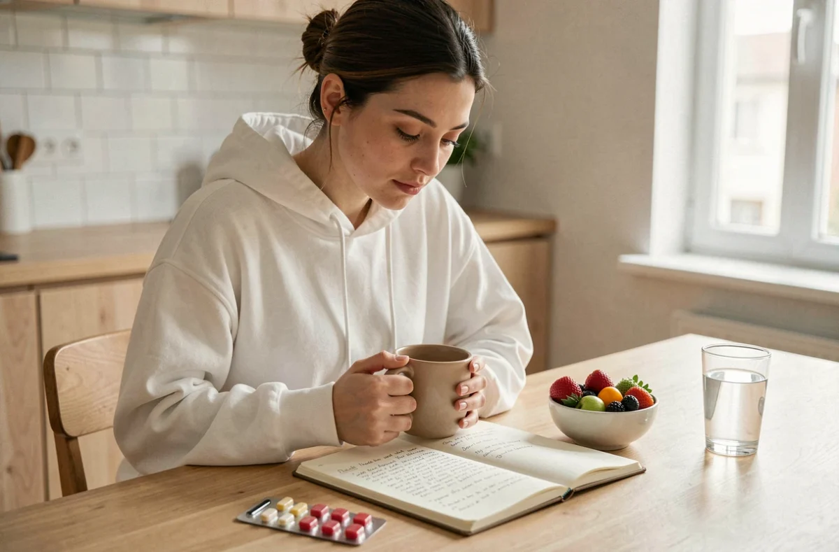 Jeune femme prenant des notes sur sa santé à la maison avec des vitamines, des fruits frais et une tasse de tisane sur une table en bois