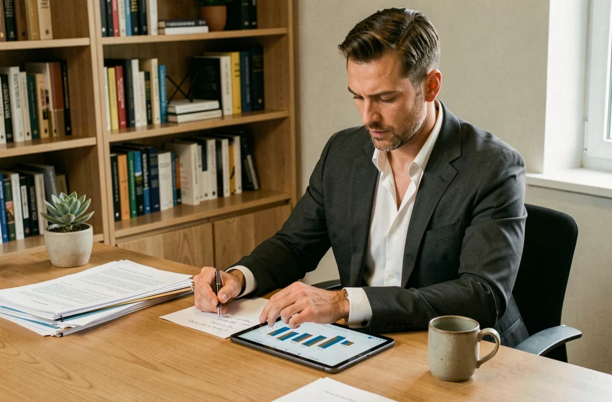 Consultant en entreprise analysant des graphiques de croissance sur une tablette dans un bureau minimaliste avec des livres de management en arrière-plan