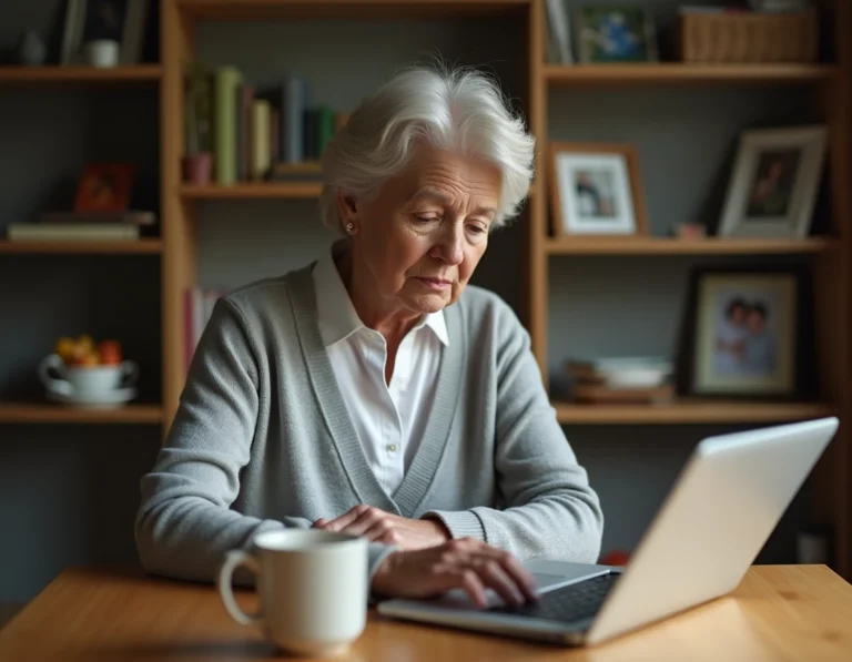 Femme consultant un avis de décès en ligne sur un ordinateur portable depuis son bureau à domicile