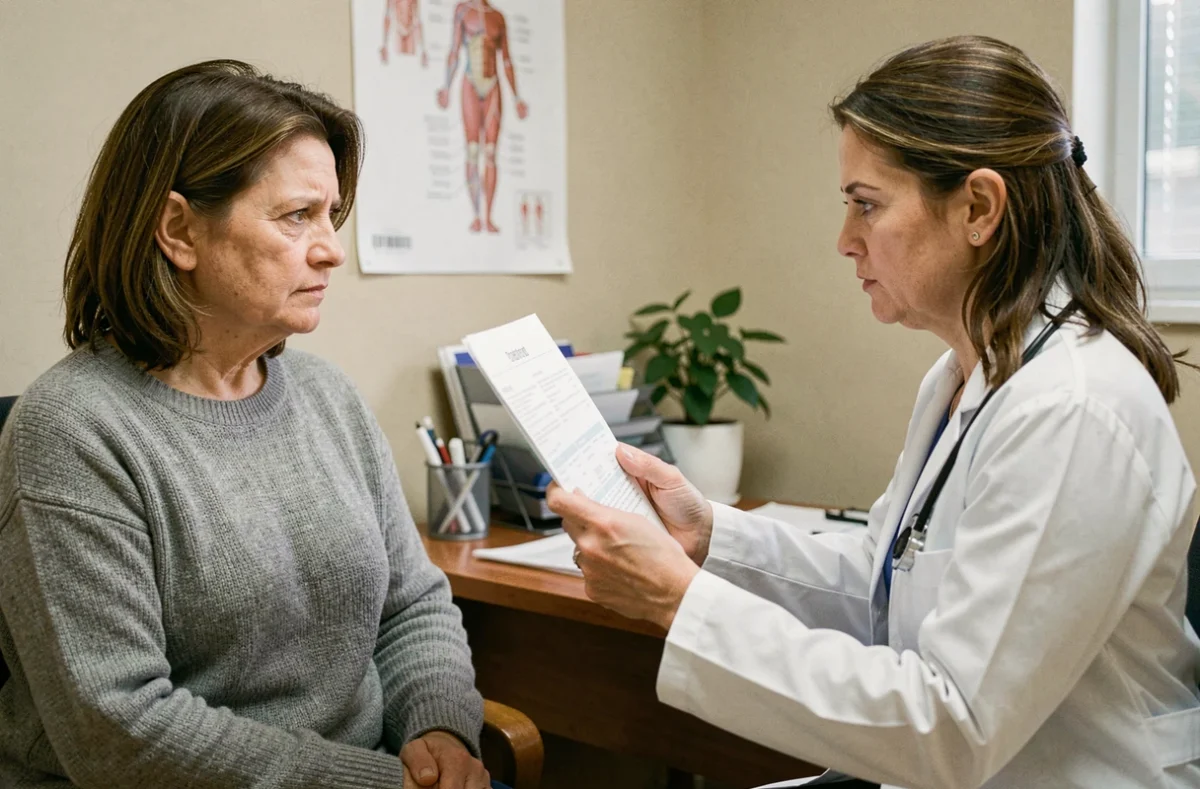 Femme d'âge mûr en consultation médicale avec une docteure, examinant des documents de santé dans un cabinet médical chaleureux