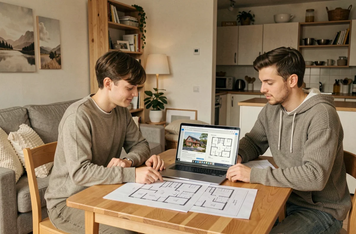 Couple comparant des plans de logement sur table en bois dans un petit appartement studio aménagé