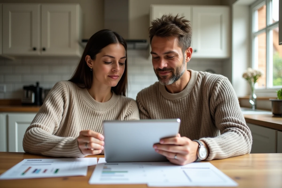Couple étudiant les offres de prêt immobilier et le calcul différentiel à domicile