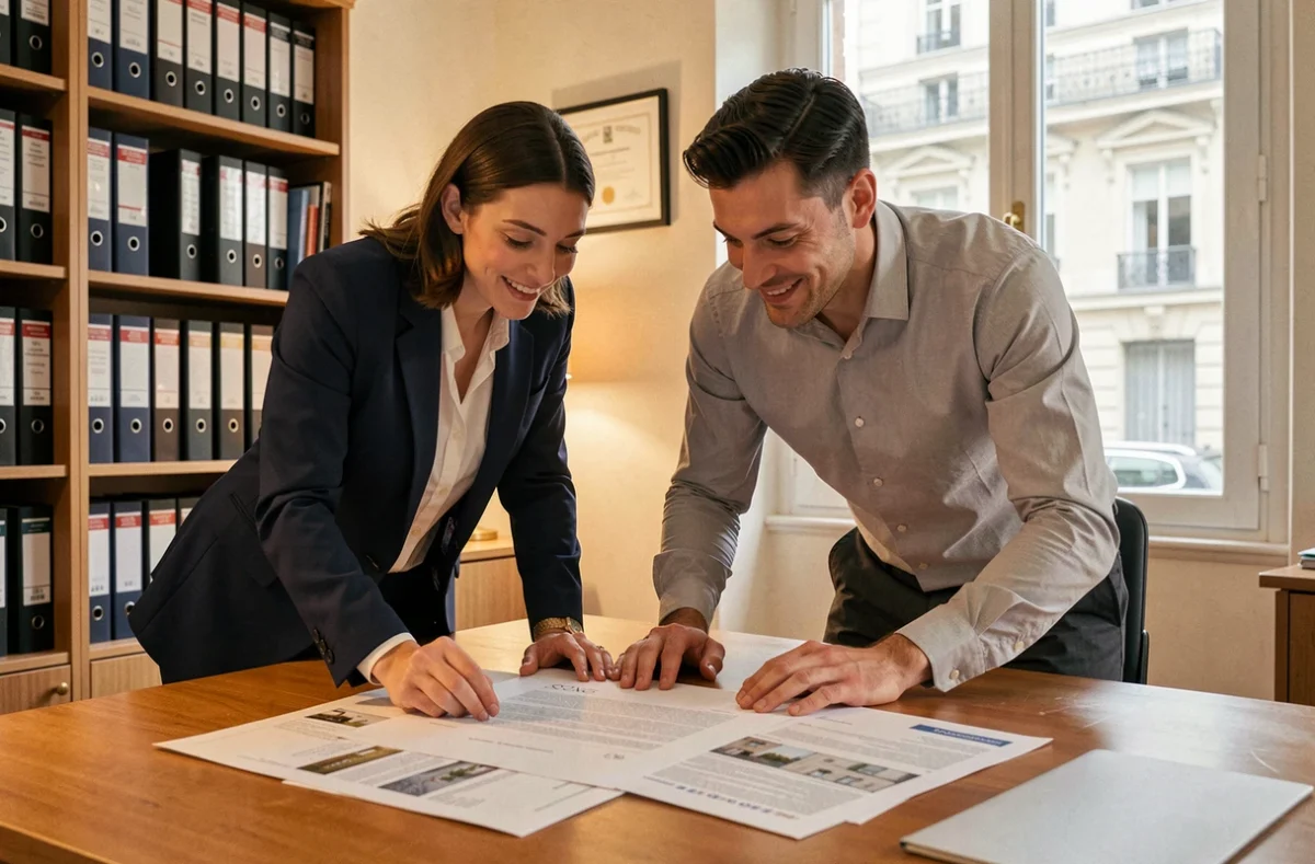 Couple de jeunes investisseurs immobiliers signant des documents chez un notaire à Lyon