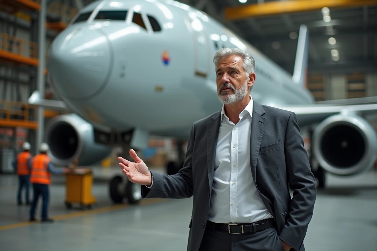 Directeur général d'Airbus sur le site de production d'avions commerciaux dans un hangar industriel