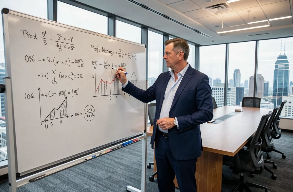 Dirigeant d'entreprise expliquant les formules de calcul de marge bénéficiaire sur un tableau blanc en salle de réunion