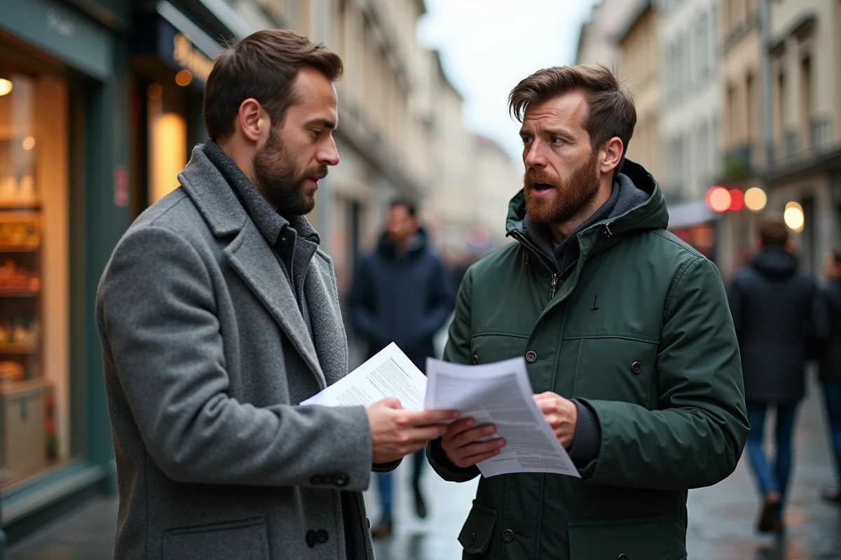 Militants citoyens distribuant des tracts dans une rue piétonne de Lyon pour sensibiliser à la liberté et à la souveraineté nationale
