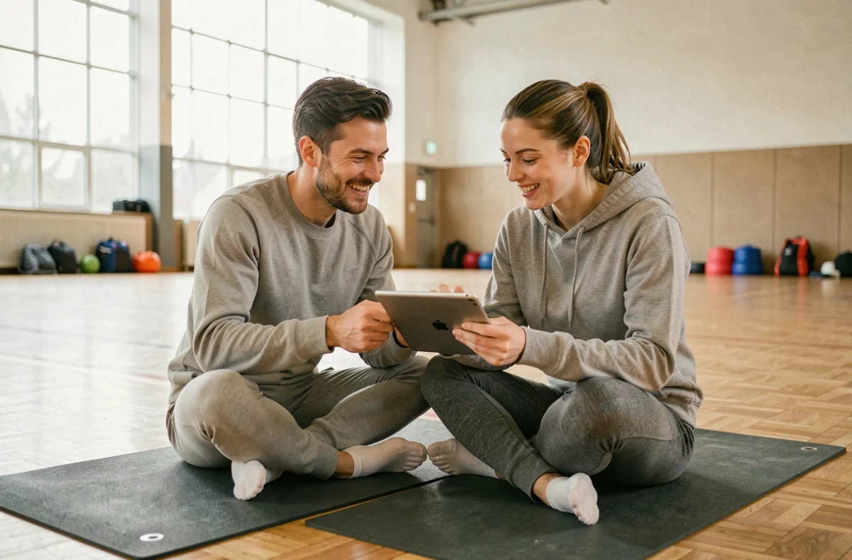 Deux sportifs débutants consultant un plan d'entraînement ensemble sur un tapis de yoga en salle