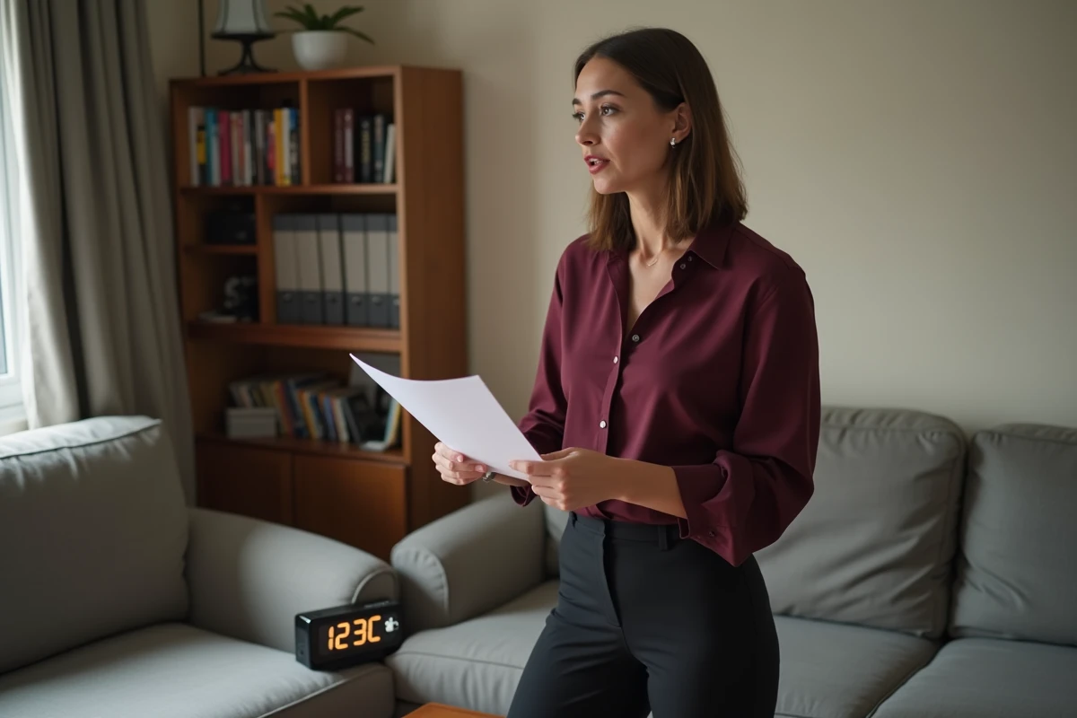 Une femme s'entraînant à l'oral en temps limité devant un chronomètre numérique visible posé sur une table basse.