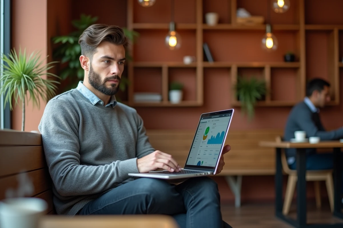 Jeune entrepreneur travaillant sur la stratégie digitale de son entreprise dans un café branché avec son ordinateur portable