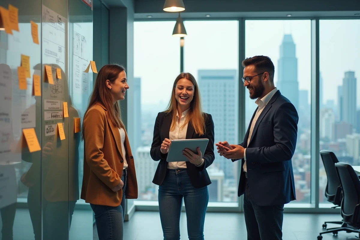 Équipe de professionnels collaborant sur une stratégie de présence en ligne dans un espace de coworking moderne
