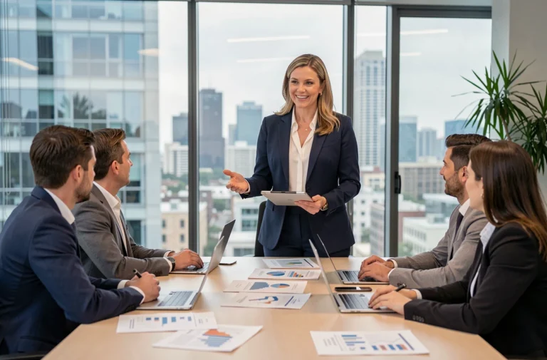 Experte en entreprise présentant une stratégie commerciale à une équipe de professionnels dans une salle de réunion moderne avec vue sur la ville
