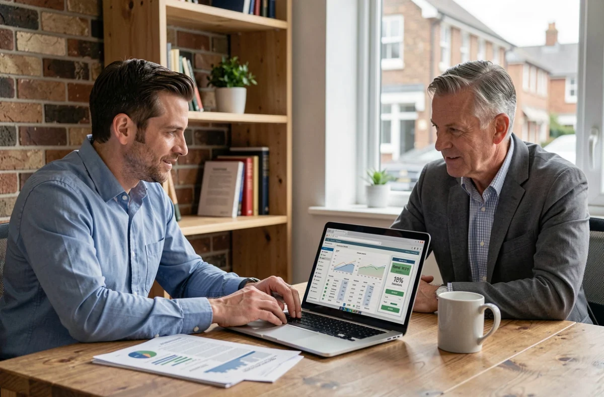 Deux experts en immobilier analysant ensemble des données financières pour un investissement locatif rentable