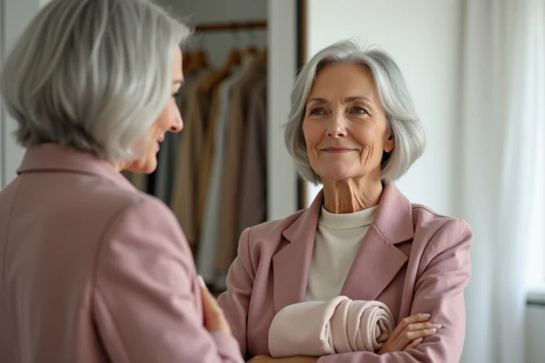 Femme de 60 ans devant son armoire choisissant des couleurs de vêtements harmonieuses en tons doux et naturels