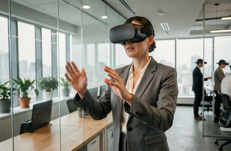 Professionnelle en réalité virtuelle portant un casque VR dans un bureau moderne, illustrant la formation professionnelle innovante