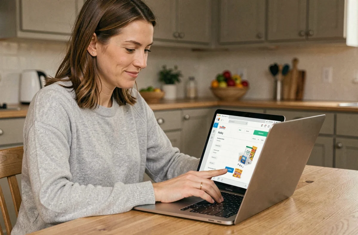 Femme utilisant un code promo sur une épicerie en ligne depuis son ordinateur portable dans une cuisine moderne