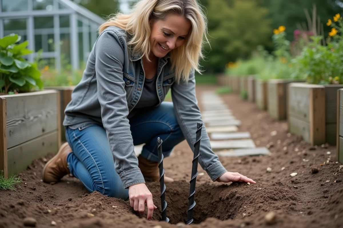 Femme comparant deux mèches de tarière thermique dans un potager avec des bacs en bois