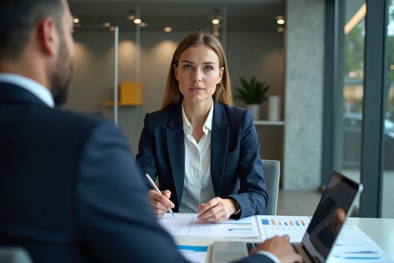 Femme consultant un conseiller bancaire pour un prêt immobilier avec calcul différentiel