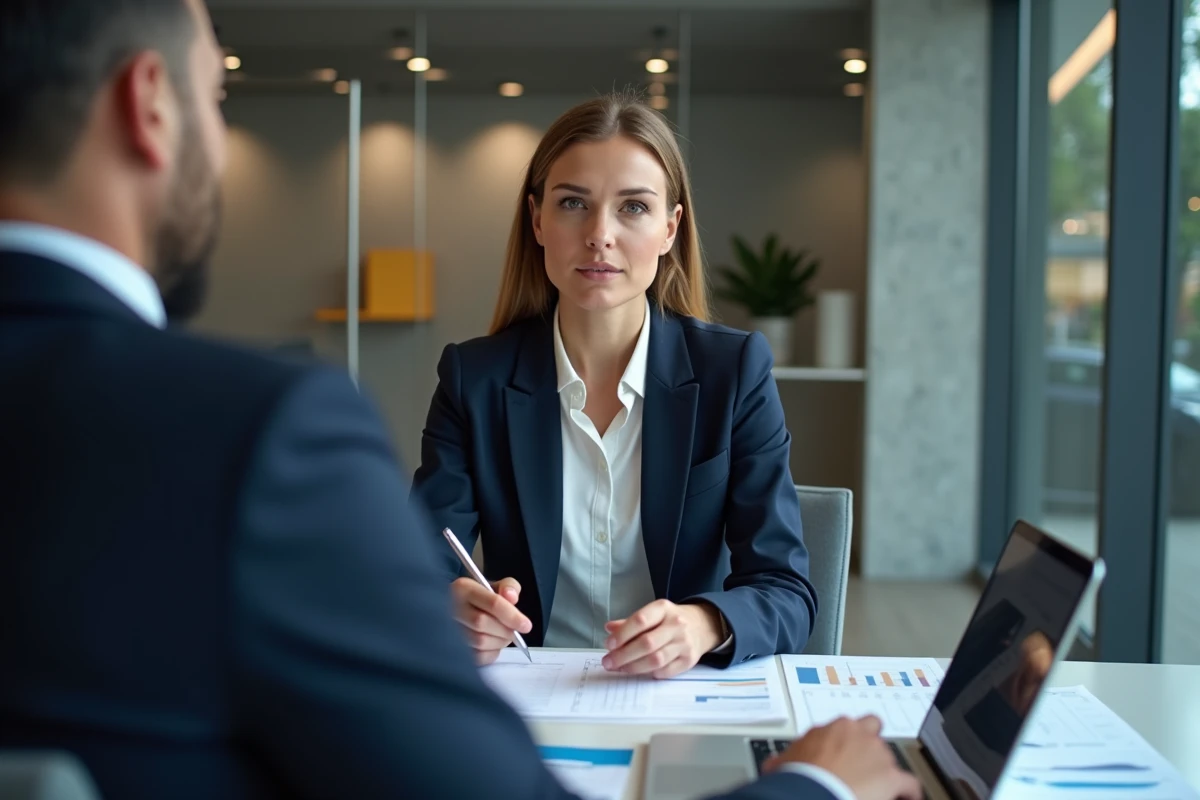 Femme consultant un conseiller bancaire pour un prêt immobilier avec calcul différentiel