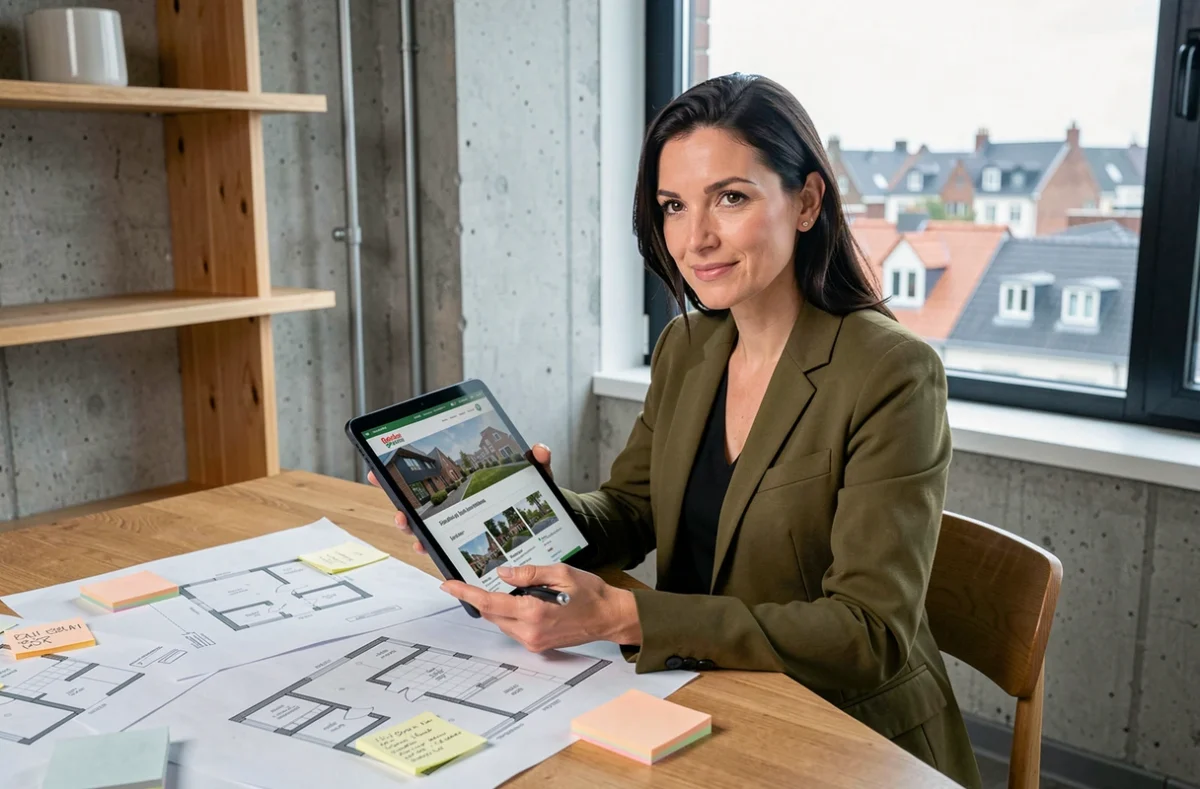 Femme consultant des plans immobiliers et un site d'annonces belge sur tablette dans un appartement moderne à Gand