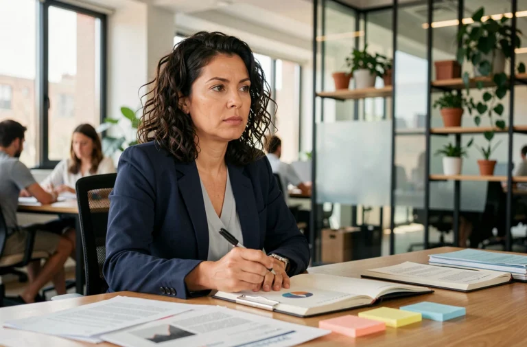 Femme professionnelle réfléchissant à une décision importante à son bureau dans un open space moderne