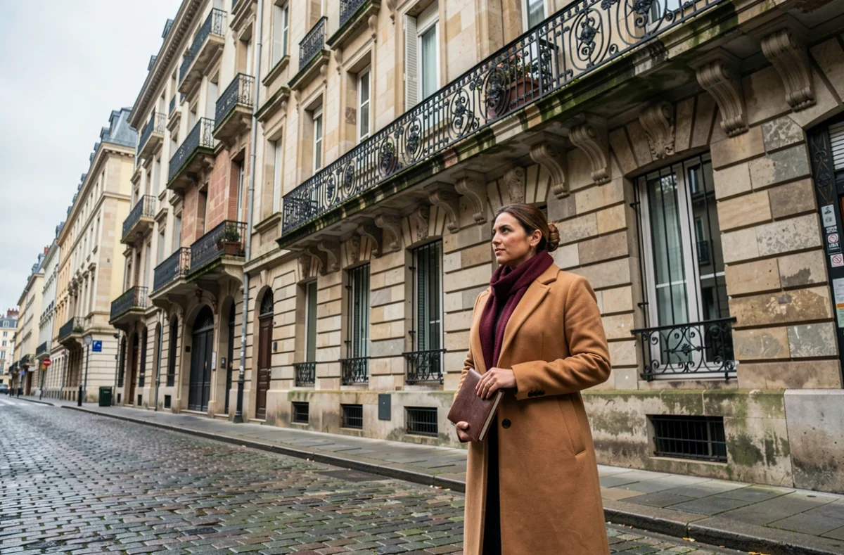 Femme investisseur immobilier devant un immeuble haussmannien dans la Presqu'île de Lyon