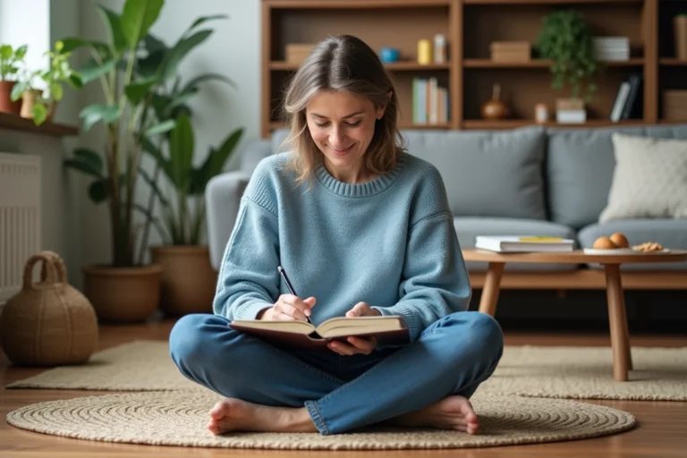Femme méditant en journalisant dans un salon cosy