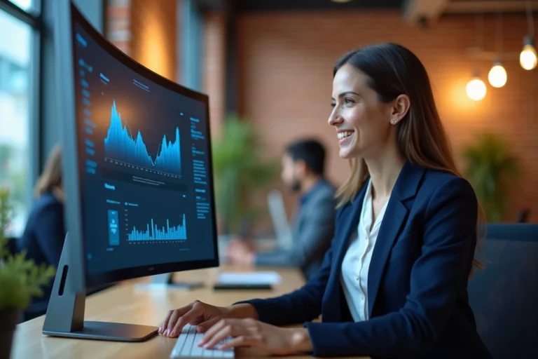 Professionnelle analysant le tableau de bord digital de son entreprise sur un grand écran dans un bureau moderne