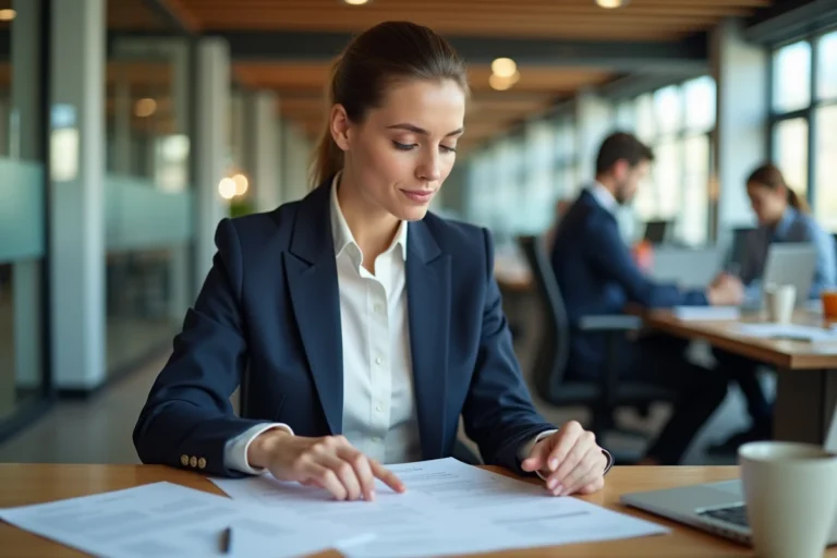 Femme professionnelle en blazer marine consultant des documents dans un bureau moderne, illustrant l'actualité du monde du travail