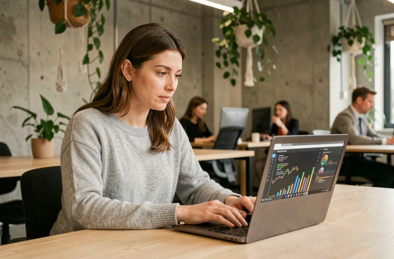 Femme professionnelle travaillant sur un laptop ultrabook dans un bureau moderne avec des tendances informatiques à l'écran