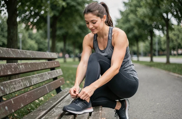 Femme préparant ses chaussures de running dans un parc avant une séance de sport en plein air