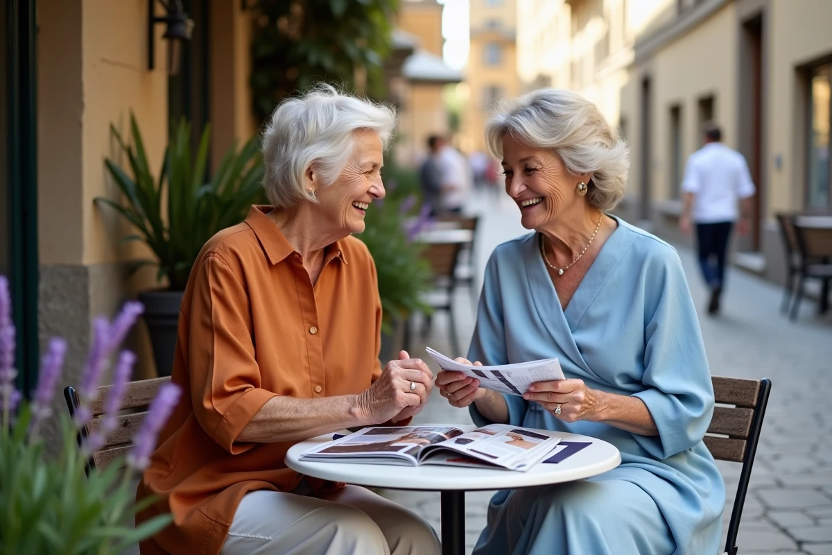 Deux femmes de 60 ans en terrasse de café comparant des nuances de couleurs de vêtements adaptées aux teints matures
