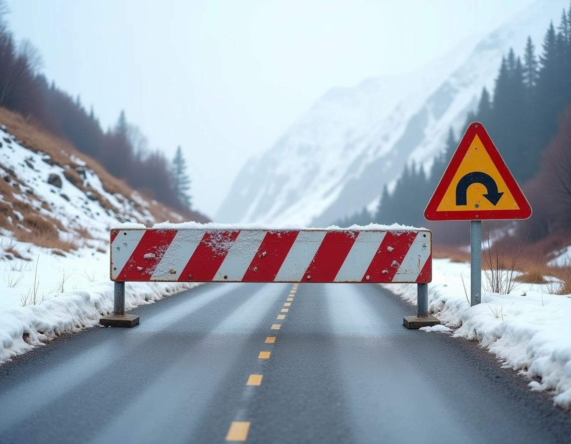 Barrière de fermeture hivernale bloquant la route du Col du Petit Saint-Bernard avec de la neige et un panneau de signalisation saisonnier