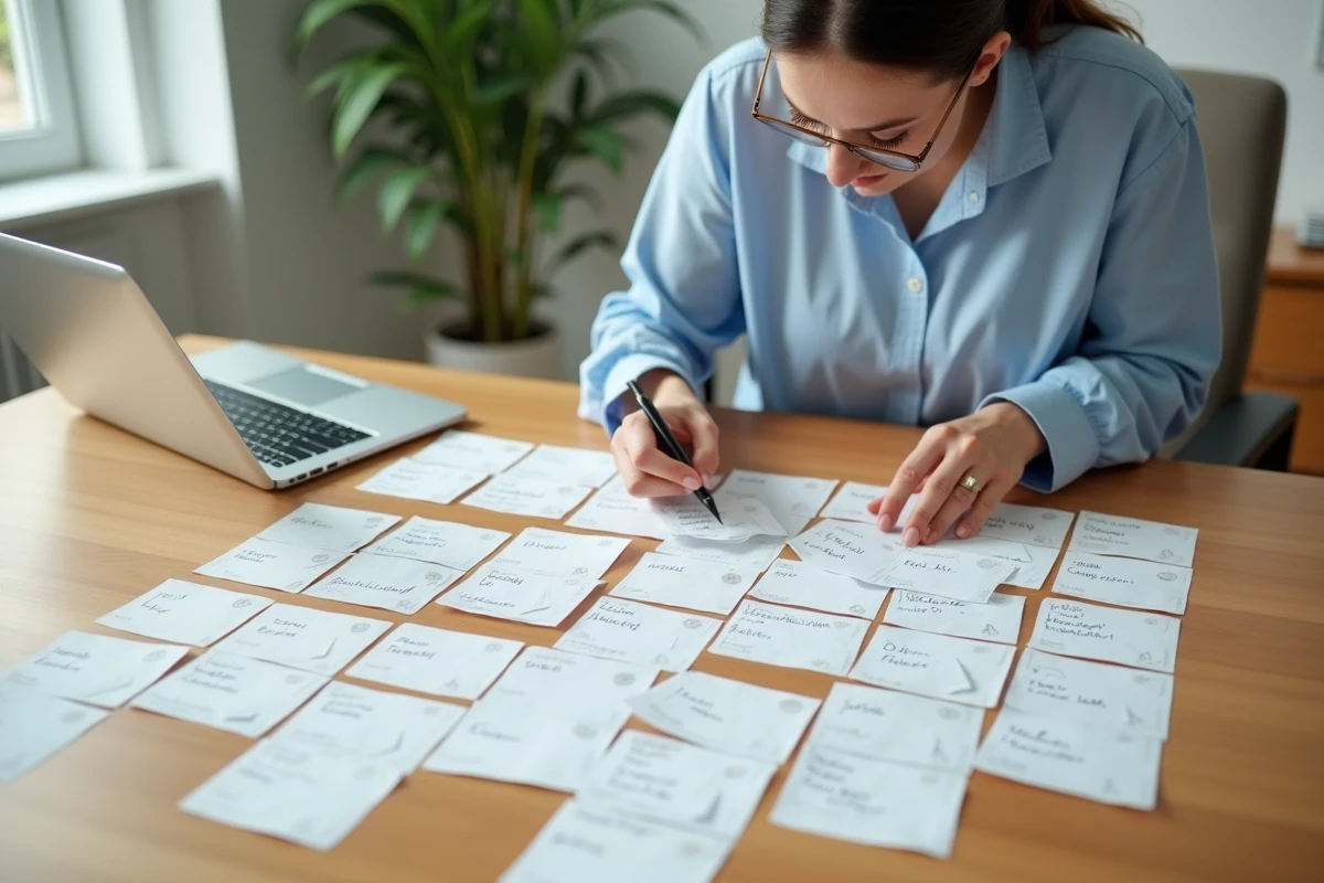 Une femme construisant des fiches organisées par compétence du référentiel CPE étalées sur une table de travail.