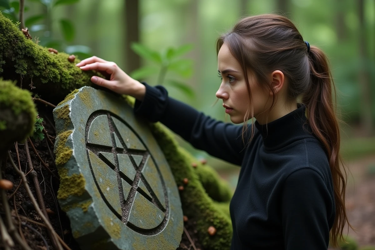 Jeune femme touchant un pentagramme gravé dans la forêt