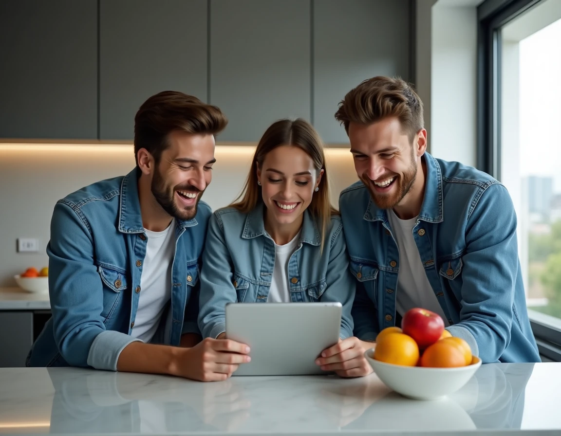 Un groupe d'amis regardent un match de football en streaming sur une tablette dans une cuisine moderne
