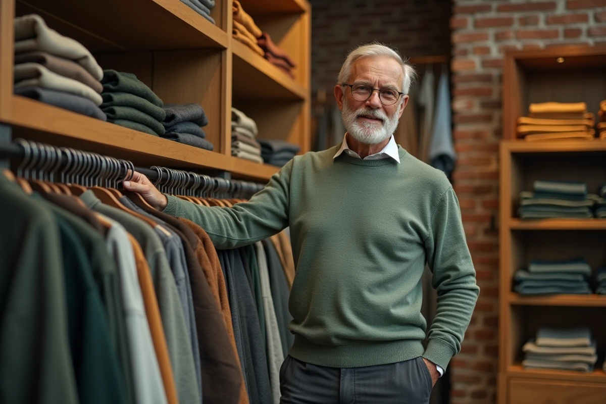 Homme élégant de plus de 60 ans dans une boutique choisissant des vêtements aux couleurs sobres et raffinées adaptées à son teint