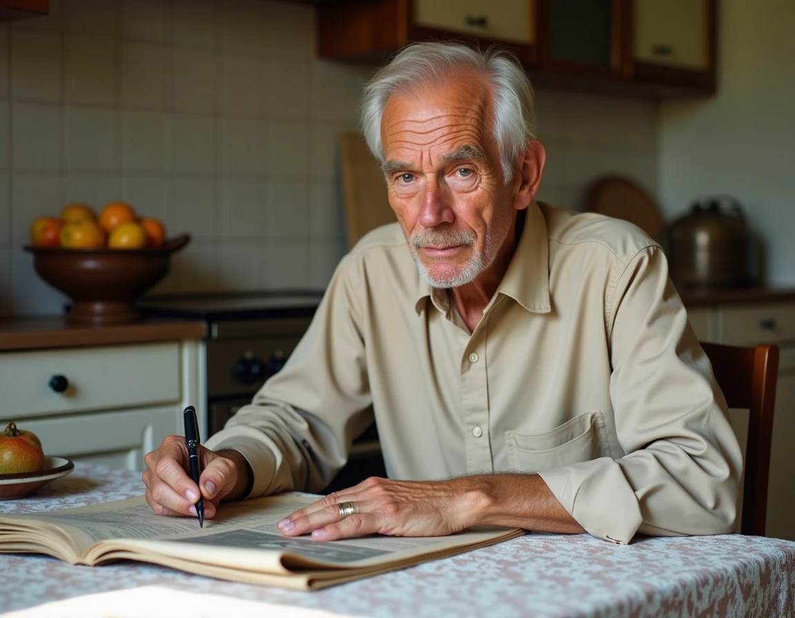 Homme âgé lisant la rubrique nécrologique d'un journal imprimé à la table de sa cuisine