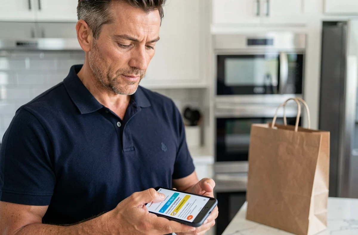 Homme saisissant un code promotionnel sur son smartphone pour une commande Leclerc Drive dans une cuisine contemporaine