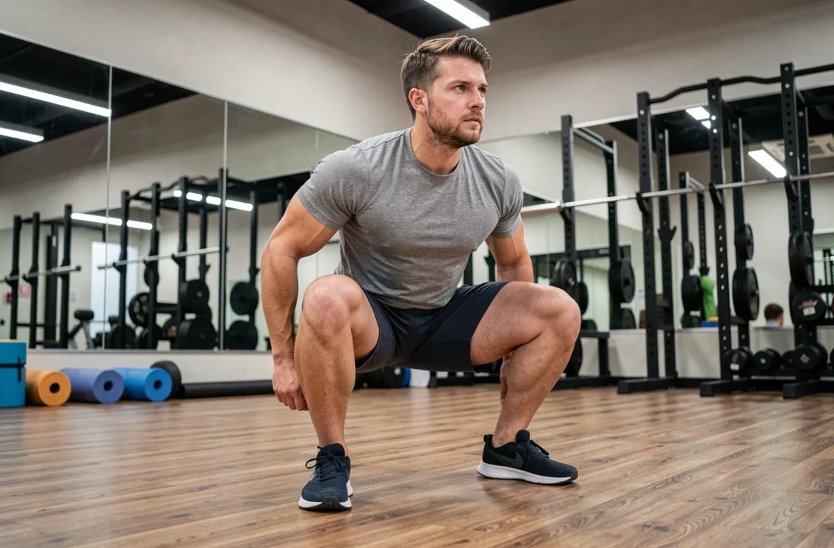 Homme réalisant un squat en salle de sport pour progresser dans sa pratique sportive
