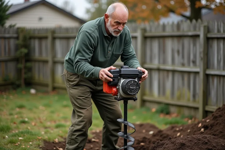 Homme utilisant une tarière thermique pour forer un trou dans la terre d'un jardin en automne